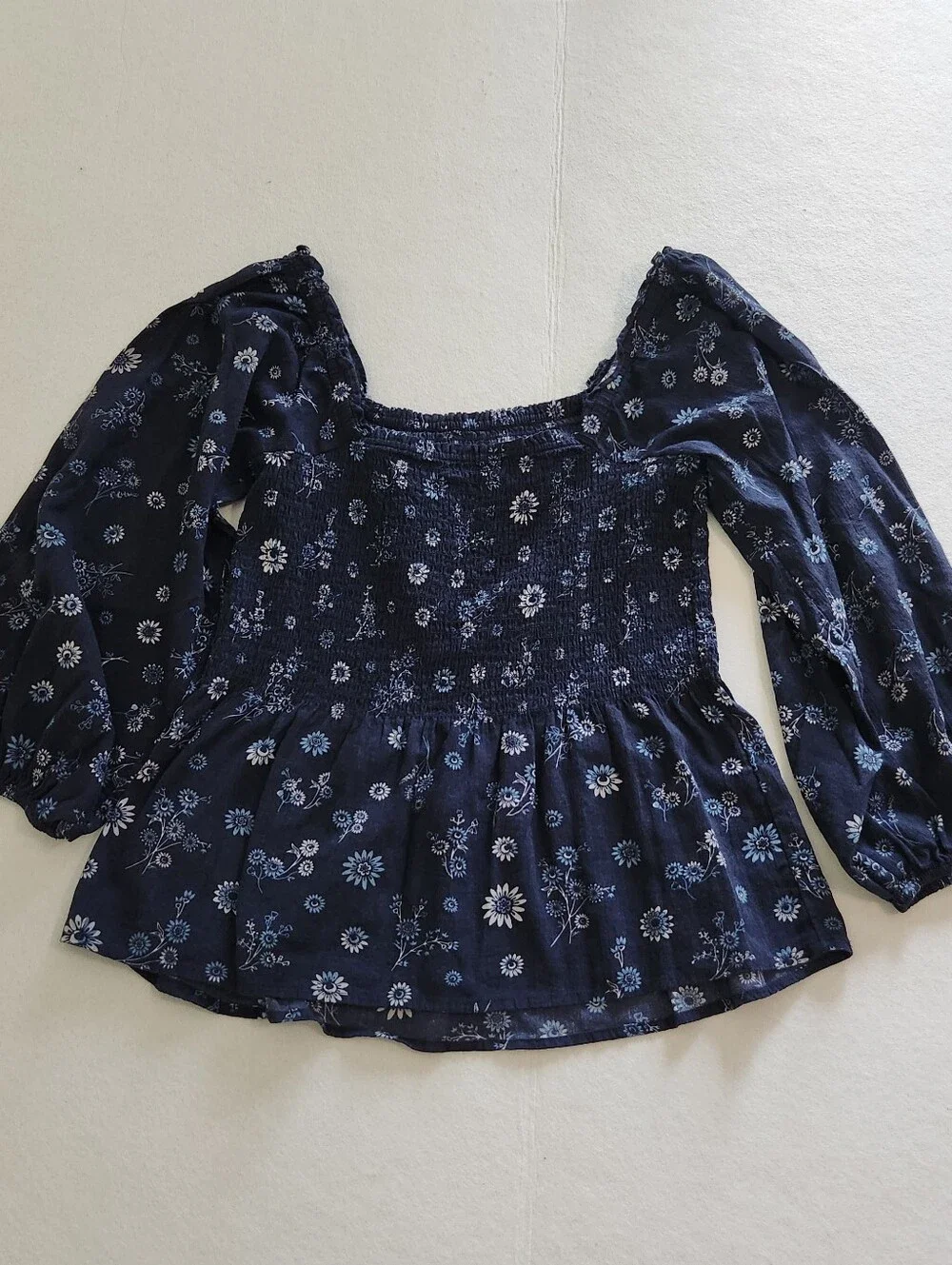 Madewell Navy Floral Smocked Square-Neck Blouse Size Xsmall 00